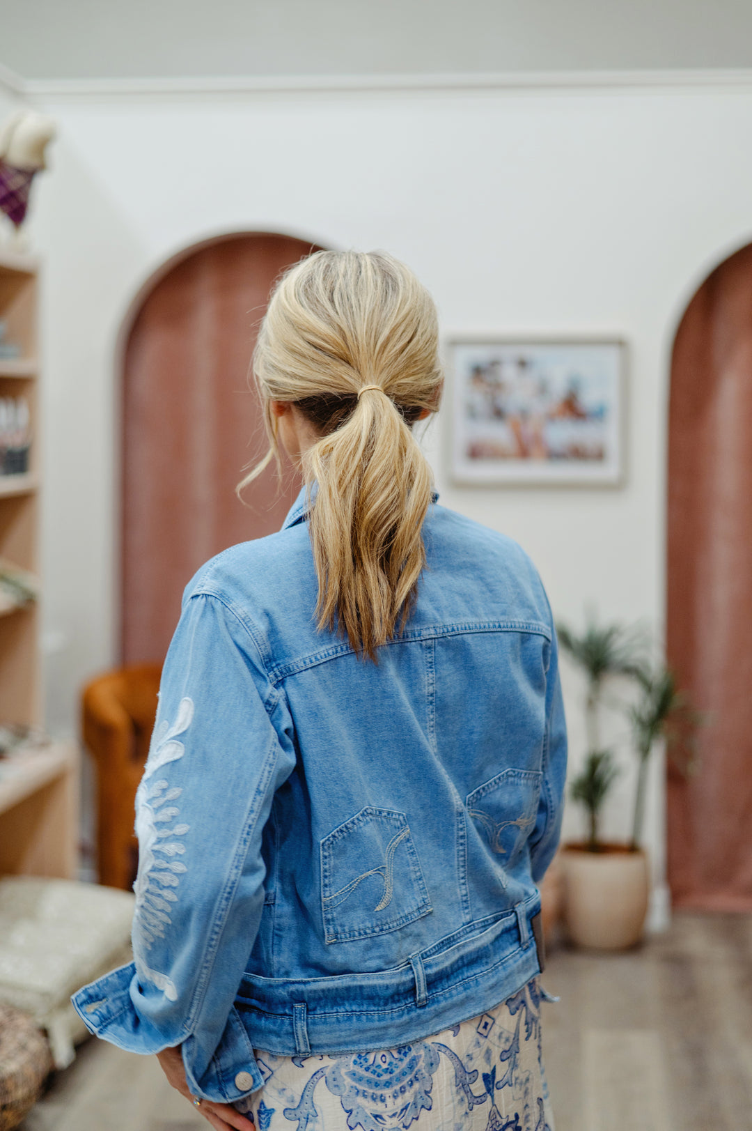 Desigual Paloma embroidered denim jacket with bold modern floral embroidery on classic light blue denim, stylish and casual boho modern  outerwear.