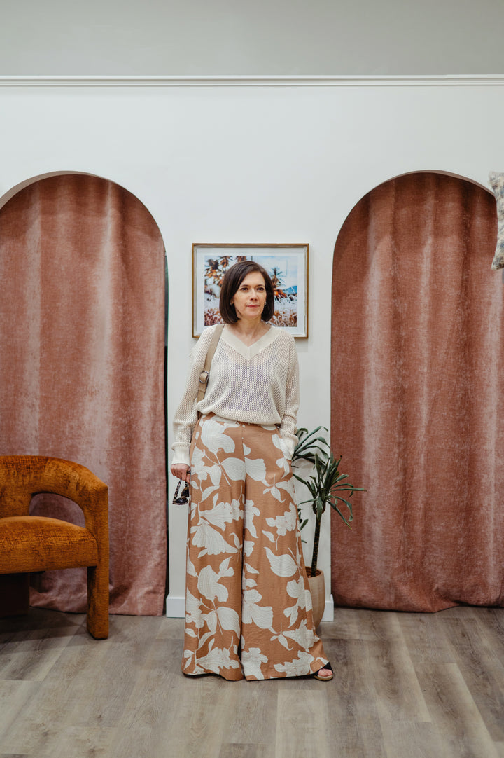 Molly Bracken Palm Bliss Palazzo Pant showing flowy fabric and wide-leg design in a vibrant palm print for summer and vacation look.