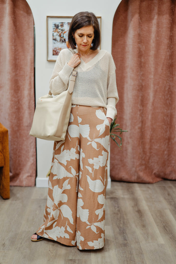 Molly Bracken Palm Bliss Palazzo Pant in lightweight fabric with a relaxed fit and tropical palm print for summer and vaction wear