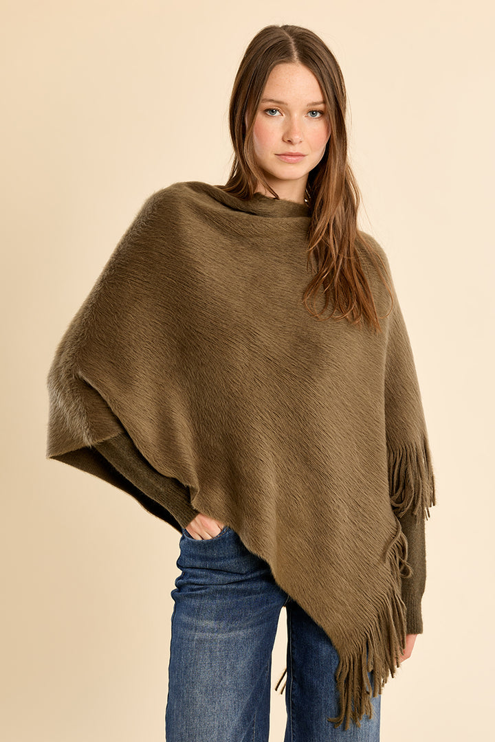 Olive Fringe Poncho Shawl
