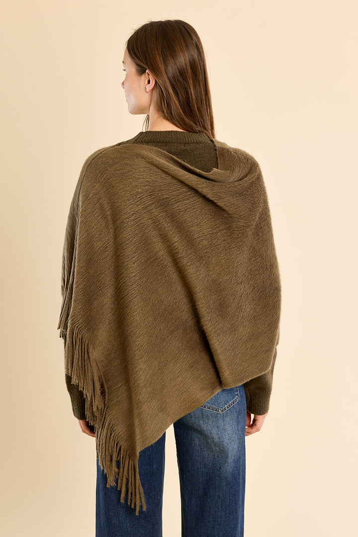Olive Fringe Poncho Shawl
