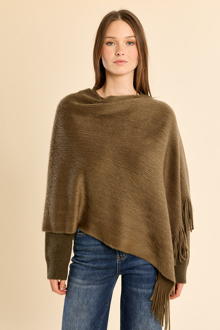 Olive Fringe Poncho Shawl