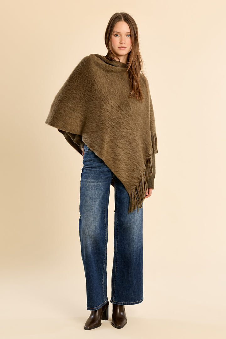 Olive Fringe Poncho Shawl