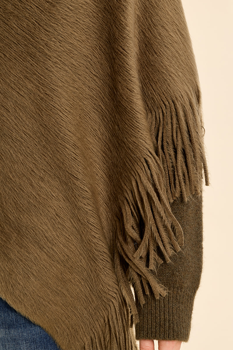 Olive Fringe Poncho Shawl