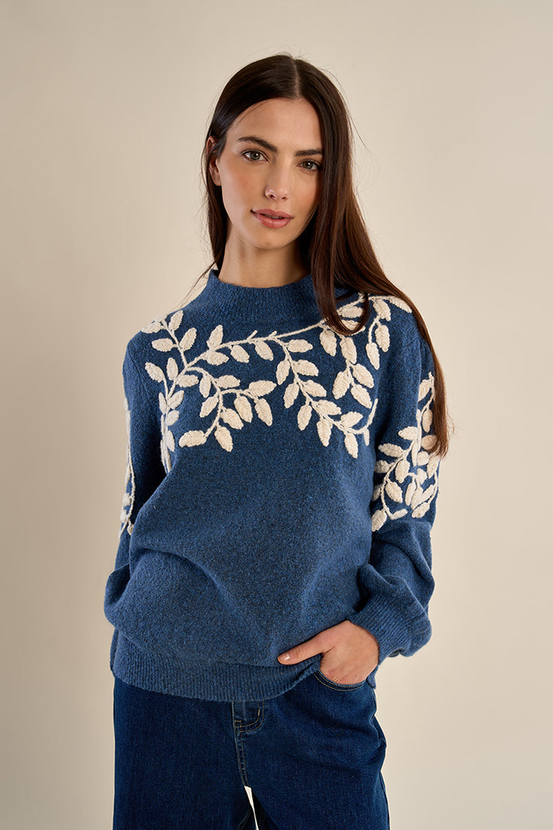 Blue Heather Embroidered Knit Sweater