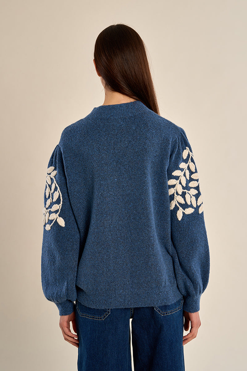 Blue Heather Embroidered Knit Sweater