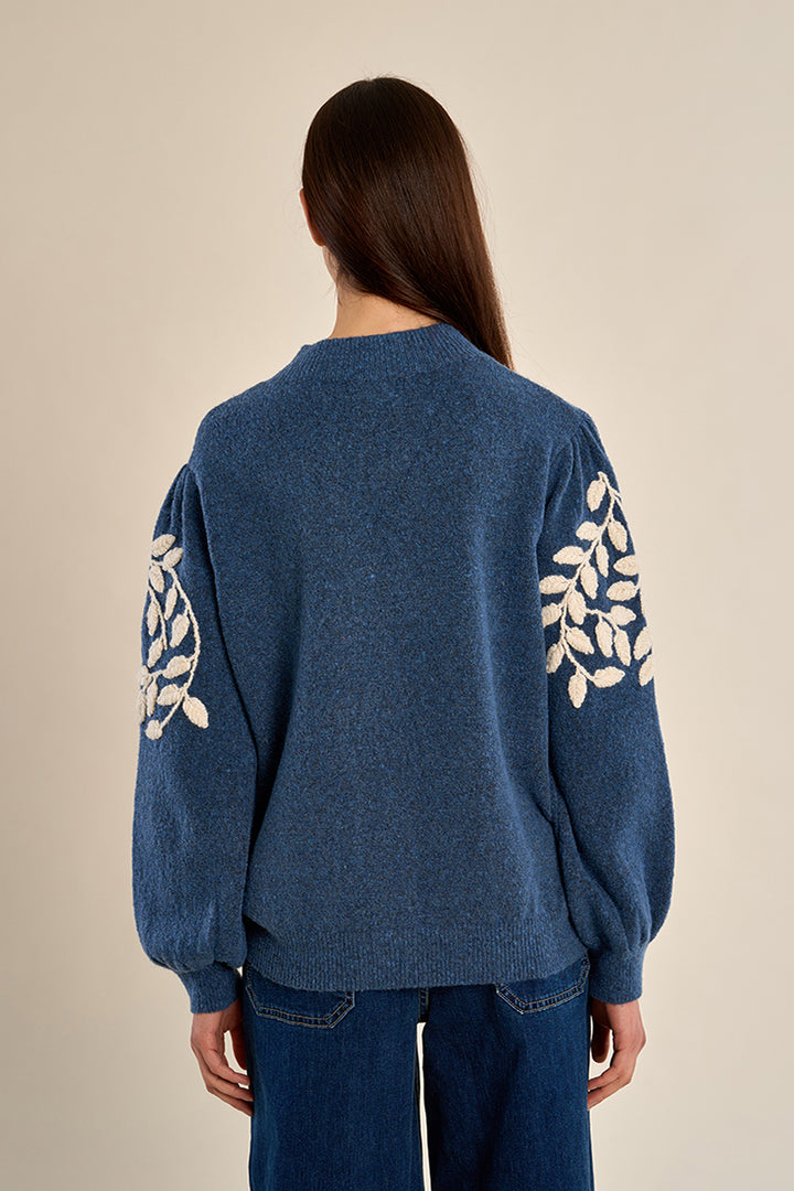 Blue Heather Embroidered Knit Sweater