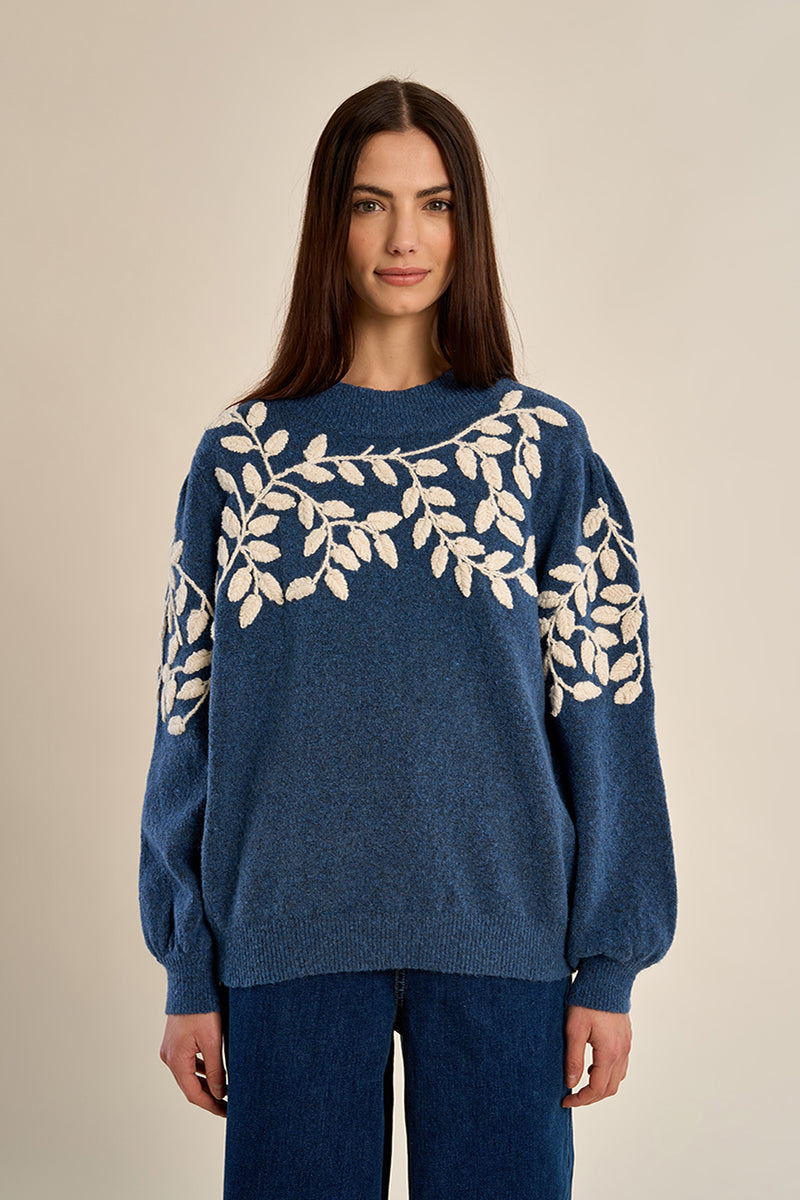 Blue Heather Embroidered Knit Sweater
