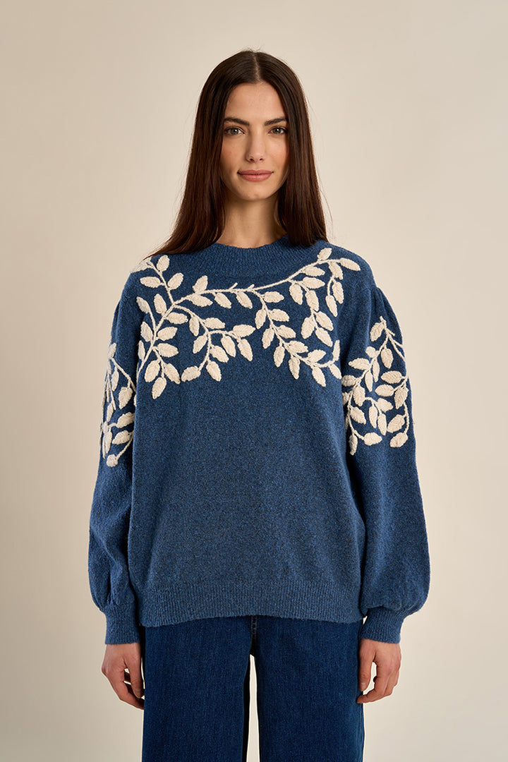 Blue Heather Embroidered Knit Sweater