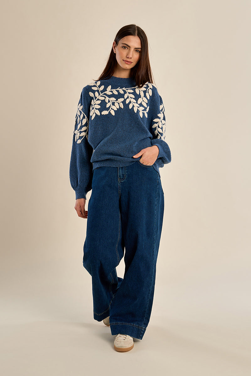 Blue Heather Embroidered Knit Sweater