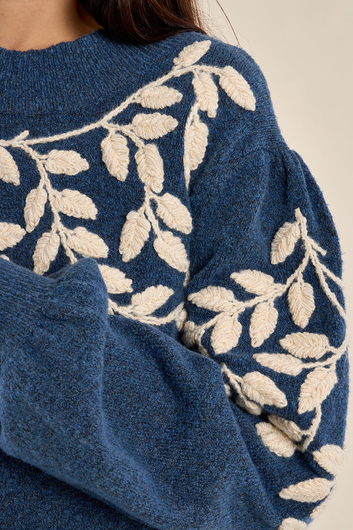 Blue Heather Embroidered Knit Sweater