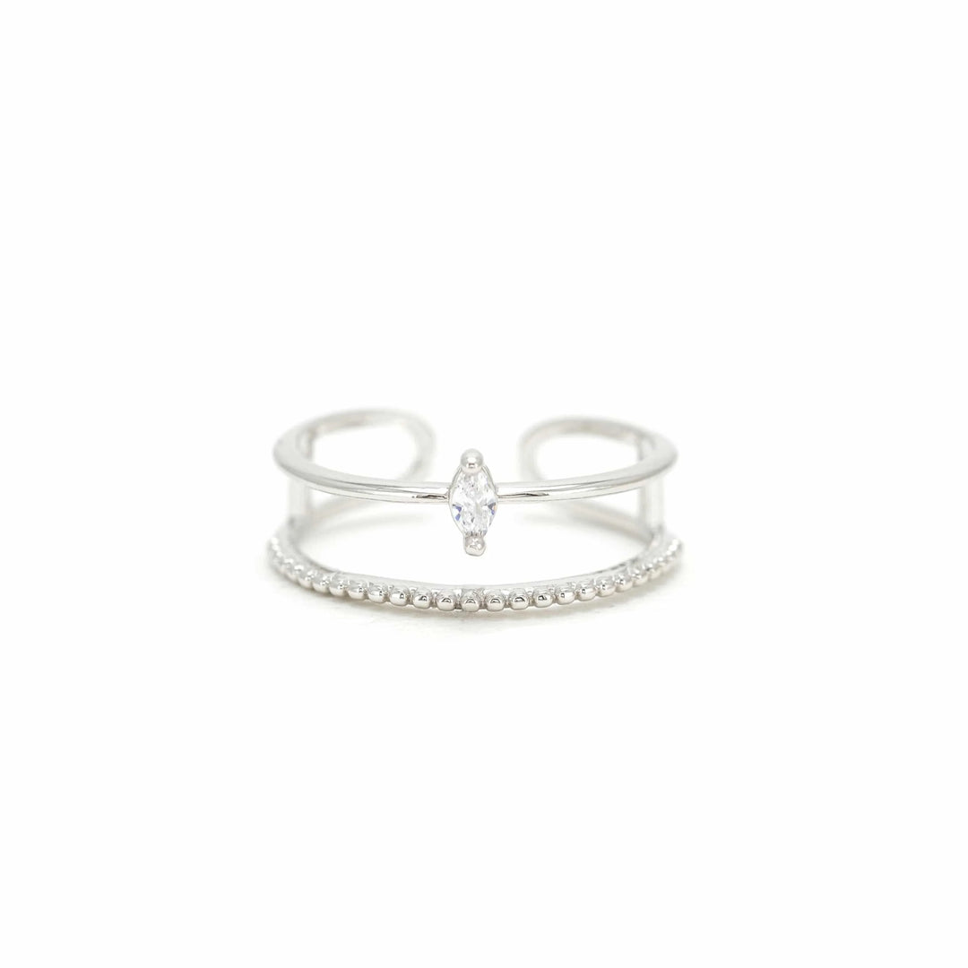 Silver double band ring with a small cubic zirconia diamond 