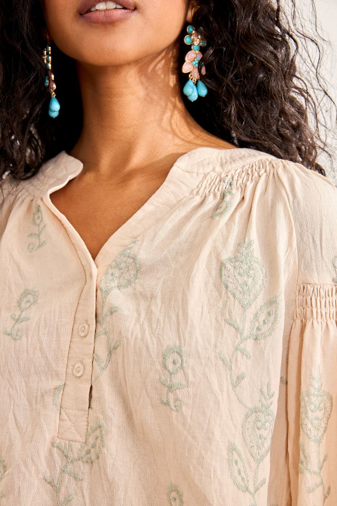 NKN by Nekane Mira Mint embroidered blouse featuring intricate embroidery, lightweight beige  fabric, and a relaxed fit for casual wear.