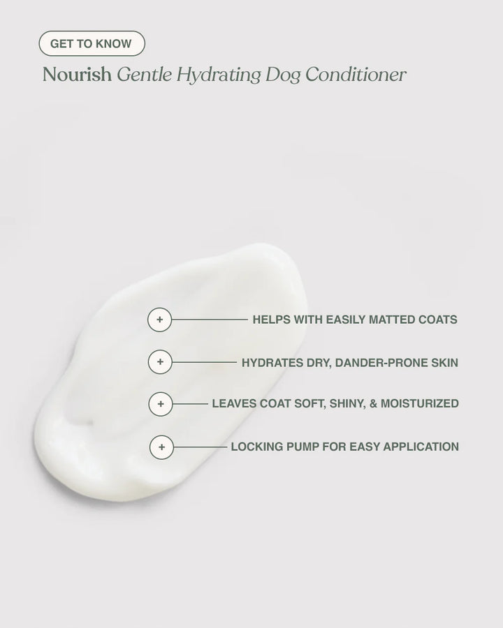 Dandylion Nourish Gentle Hydrating Dog Conditioner bottle with label, designed to hydrate and condition a dog's coat.