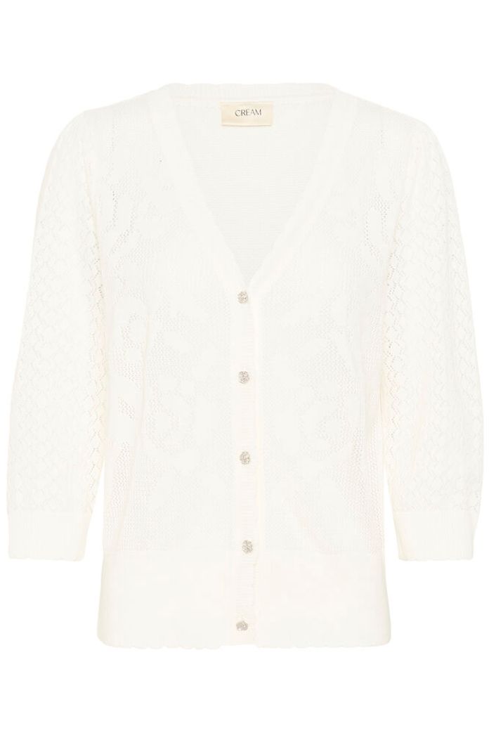 Cream Oluki patterned knit cardigan featuring a light stylish design with intricate patterns, button front  and a soft, comfortable fit.