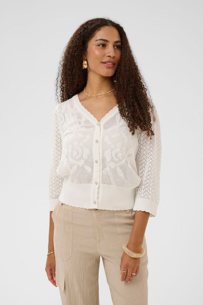 Cream Oluki patterned knit cardigan with a light stylish design and button-up front, perfect for casual and layered outfits.