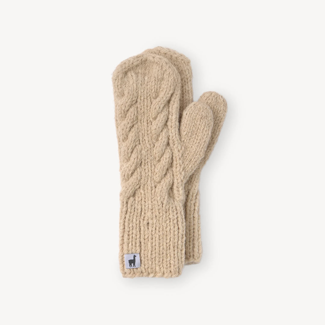 Pair of beige knitted mittens on a white background