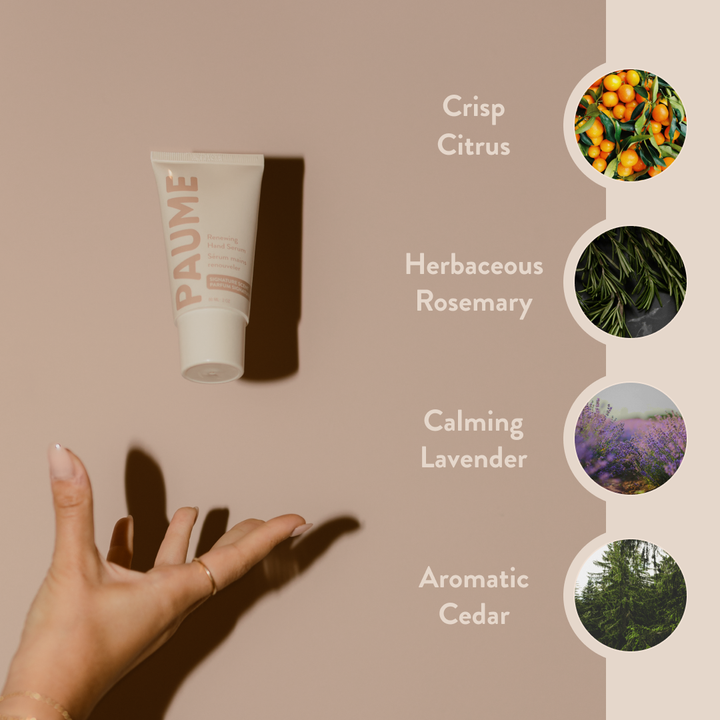 PAUME skincare product with scents listed on a beige background