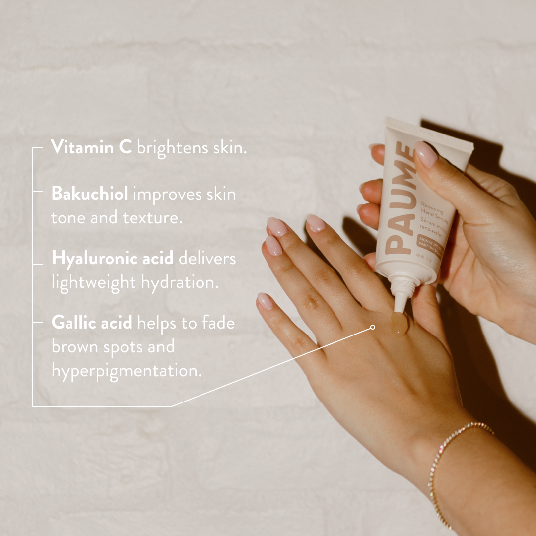 Hand applying Paume anti aging hand serum with text about skin benefits on a neutral background