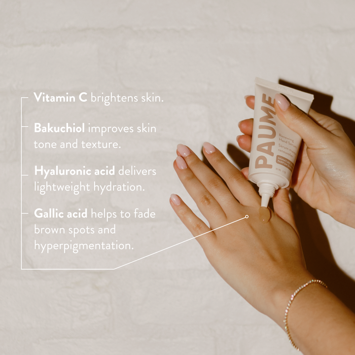 Hand applying Paume anti aging hand serum with text about skin benefits on a neutral background