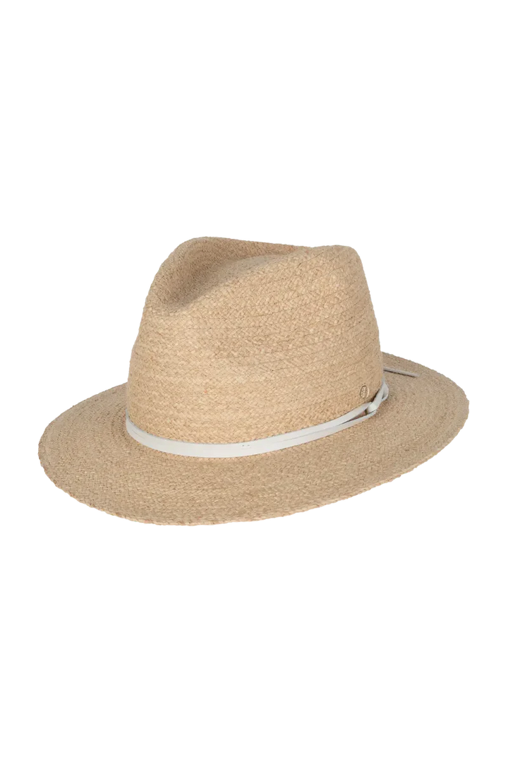 Kooringal Pearl Safari raffia sun hat with wide brim and natural woven texture for sun protection and stylish summer wear.