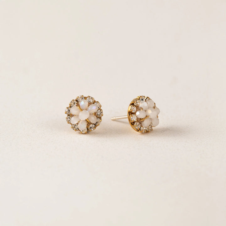 Lover's Tempo Poppy Stud Earrings featuring sparkling crystal beaded flower design on gold-tone studs.