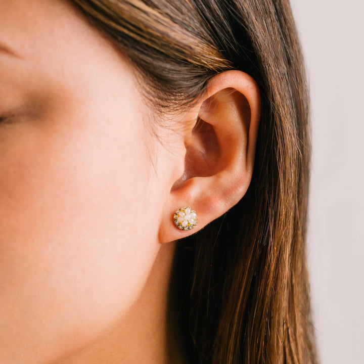 Lover's Tempo Poppy Stud Earrings, small gold floral earrings with sparkling crystal beaded  flower design, perfect for everyday wear.