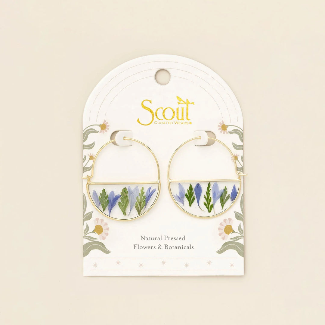 Scout pressed flower hoop earring featuring delicate floral details on a circular gold hoop for a stylish, nature-inspired look.