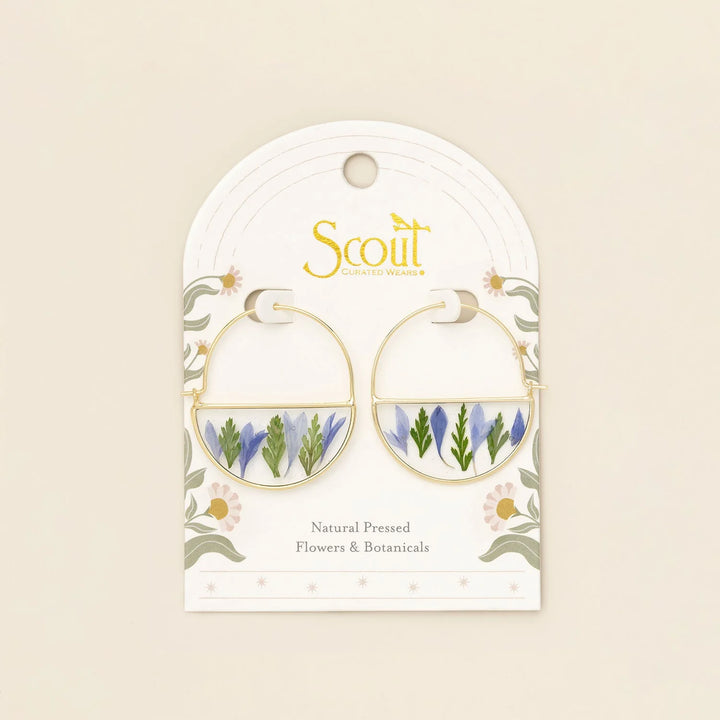 Scout pressed flower hoop earring featuring delicate floral details on a circular gold hoop for a stylish, nature-inspired look.