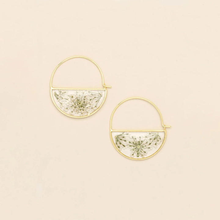 Scout pressed flower hoop earring featuring delicate floral details on a gold hoop for a stylish, nature-inspired accessory.