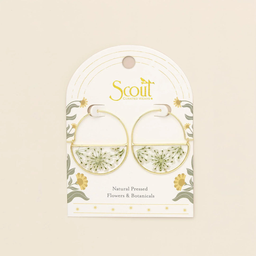 Scout pressed flower hoop earring featuring delicate pressed flowers on a gold-toned hoop for a nature-inspired look.