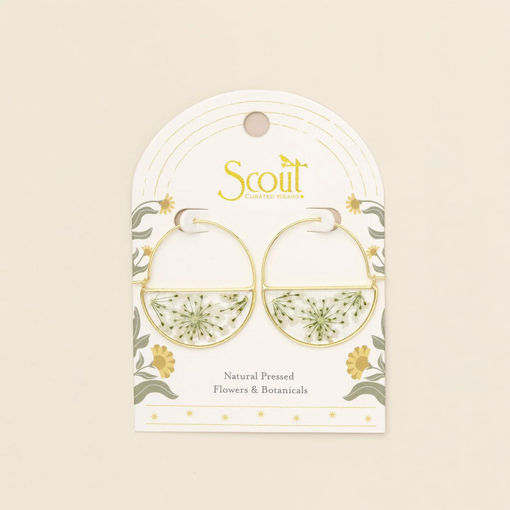 Scout pressed flower hoop earring featuring delicate pressed flowers on a gold-toned hoop for a nature-inspired look.