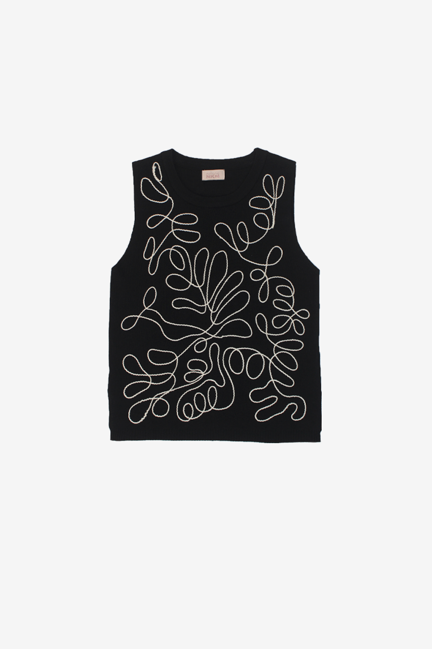 Ulis abstract yarn knit tank top by NKN by Nekane, featuringbold graphic textured rib fabric and sleeveless design for summer style .
