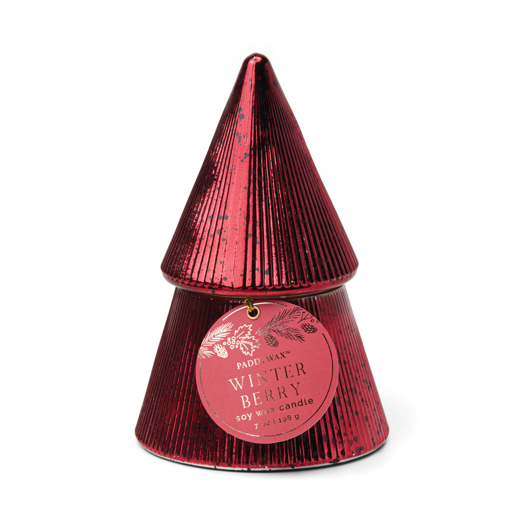 Red mercury glass tree shaped candle with 'Winter Berry' scent 