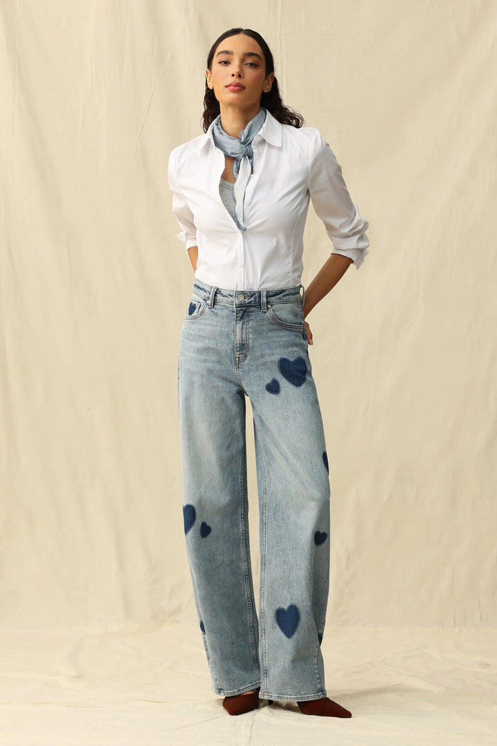 Bayeas Rosalind heart print high-rise barrel jeans featuring a stylish heart pattern and trendy denim wash.