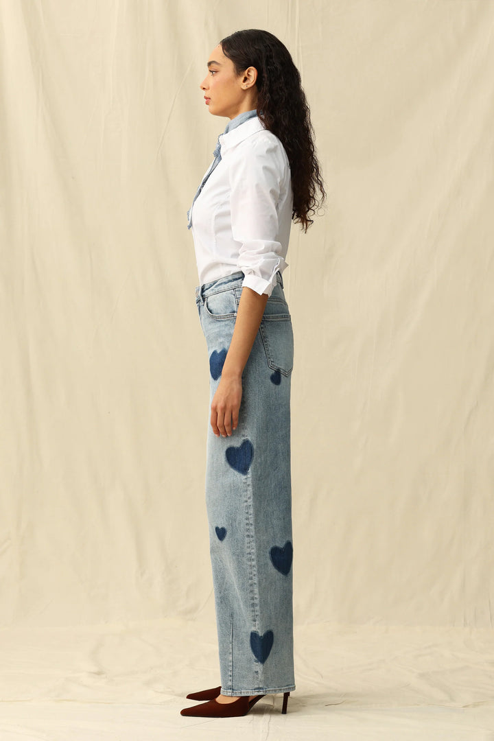 Bayeas Rosalind Heart Print high-rise barrel jeans featuring a stylish heart pattern and modern denim design.