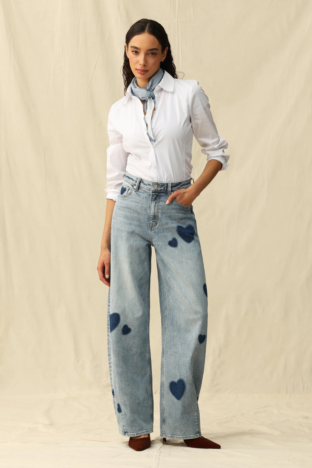 Bayeas Rosalind Heart Print high-rise barrel jeans featuring a playful heart pattern and \modern denim style.