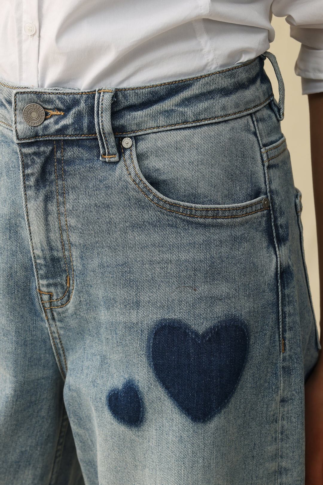 Bayeas Rosalind Heart Print high-rise barrel jeans with a stylish heart pattern and modern denim fit.
