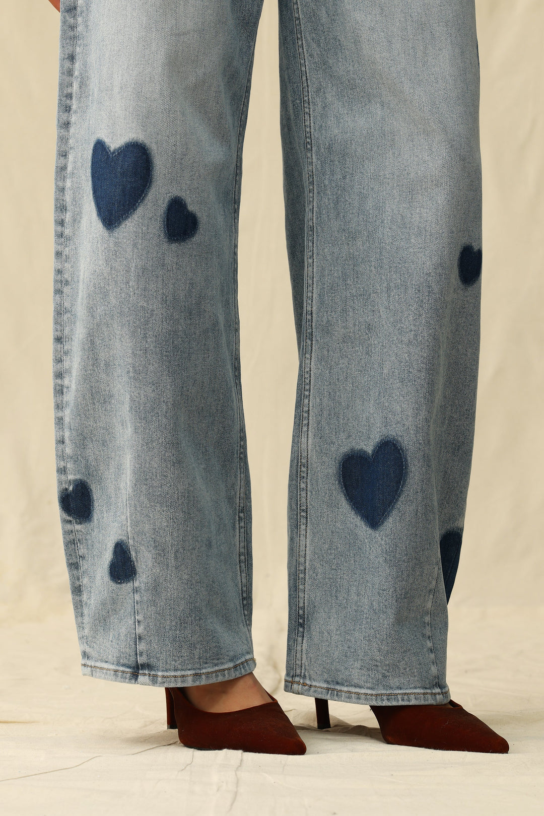 Bayeas Rosalind Heart Print high-rise barrel jeans featuring a stylish heart pattern and trendy denim design.