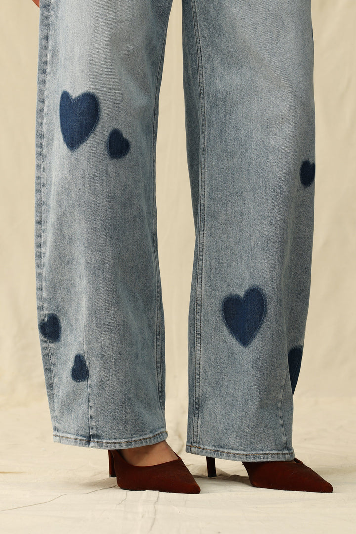 Bayeas Rosalind Heart Print high-rise barrel jeans featuring a stylish heart pattern and trendy denim design.