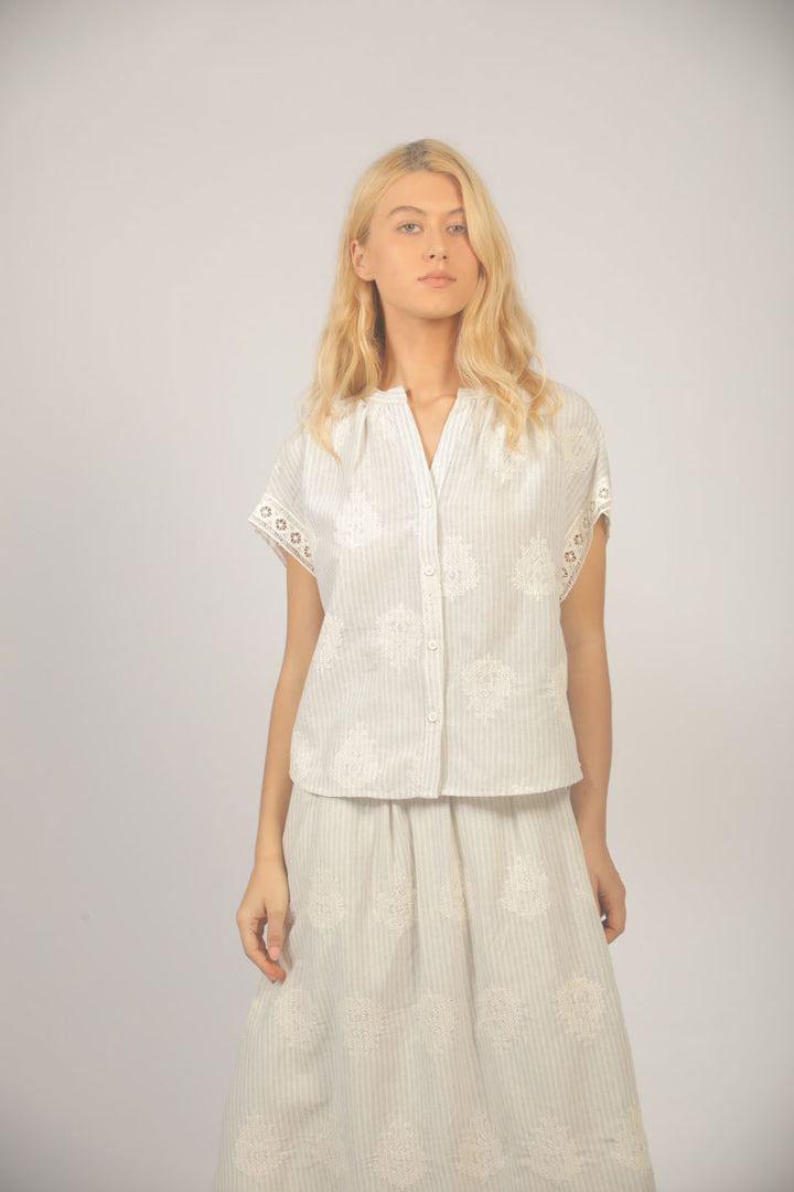 See You Soon Freya embroidered maxi skirt with intricate floral embroidery and flowing fabric, perfect for a stylish, feminine look.