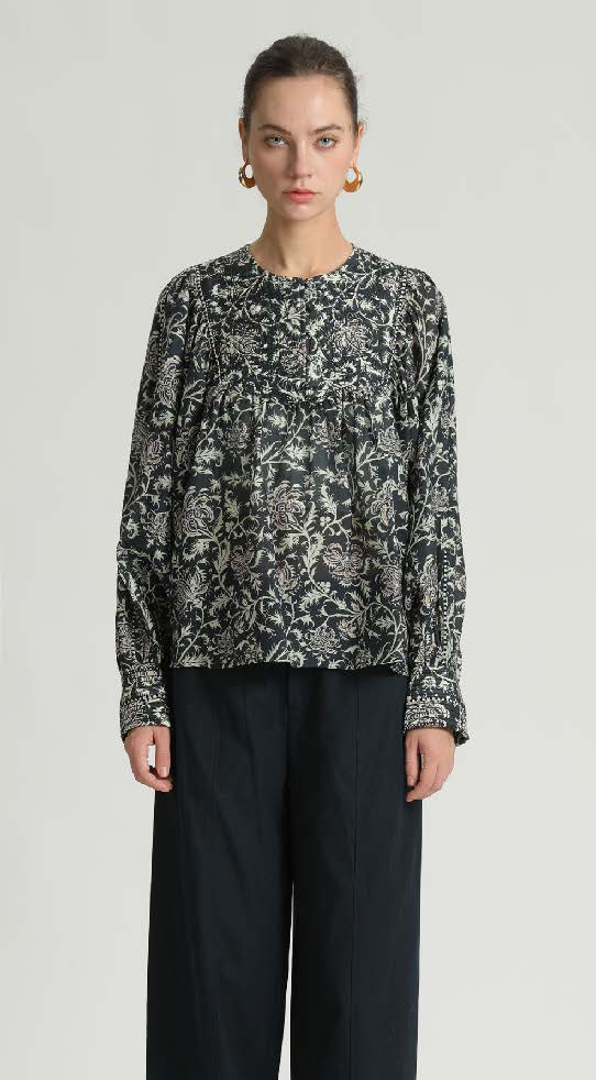 Tarik Block Print Floral Peasant Blouse