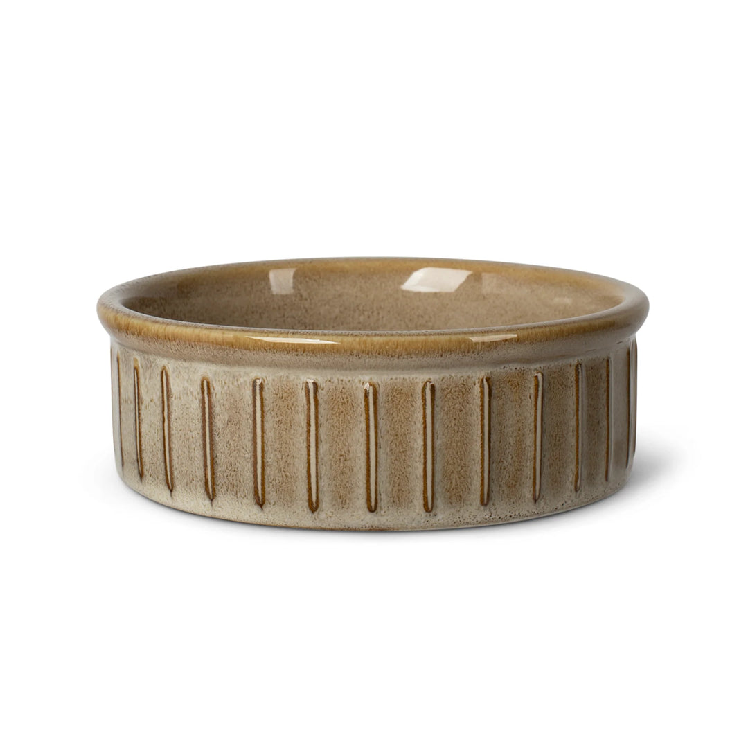 FRINGE Sadie ribbed stoneware pet water bowl with a textured, neutral-colored glaze design suitable for dogs or cats.