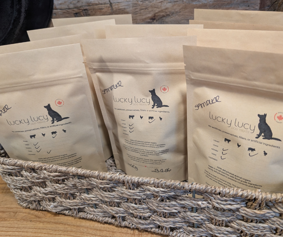 Assorted Lucky Lucy Dog Treats featuring locally sourced, natural, dehydrated  meat protein dog treats. 