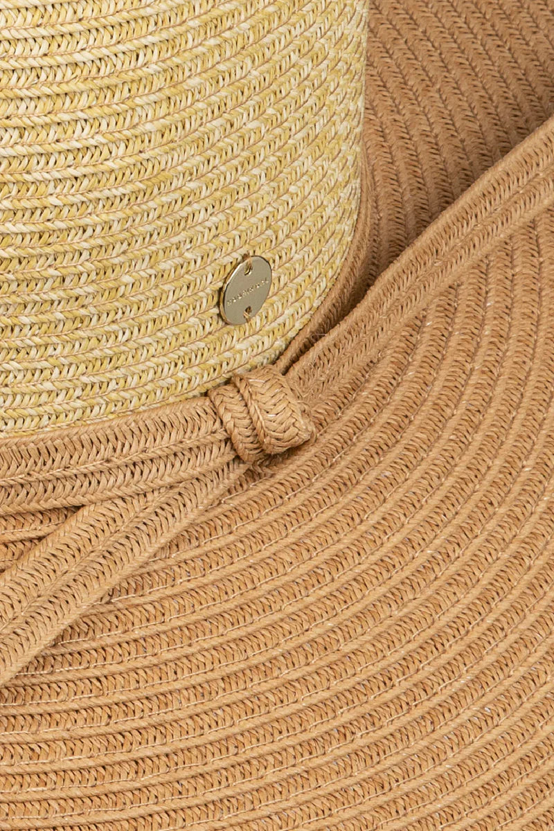 Kooringal Santa Cruz wide brim sun hat with a woven straw design and brown band for sun protection and stylish summer wear.