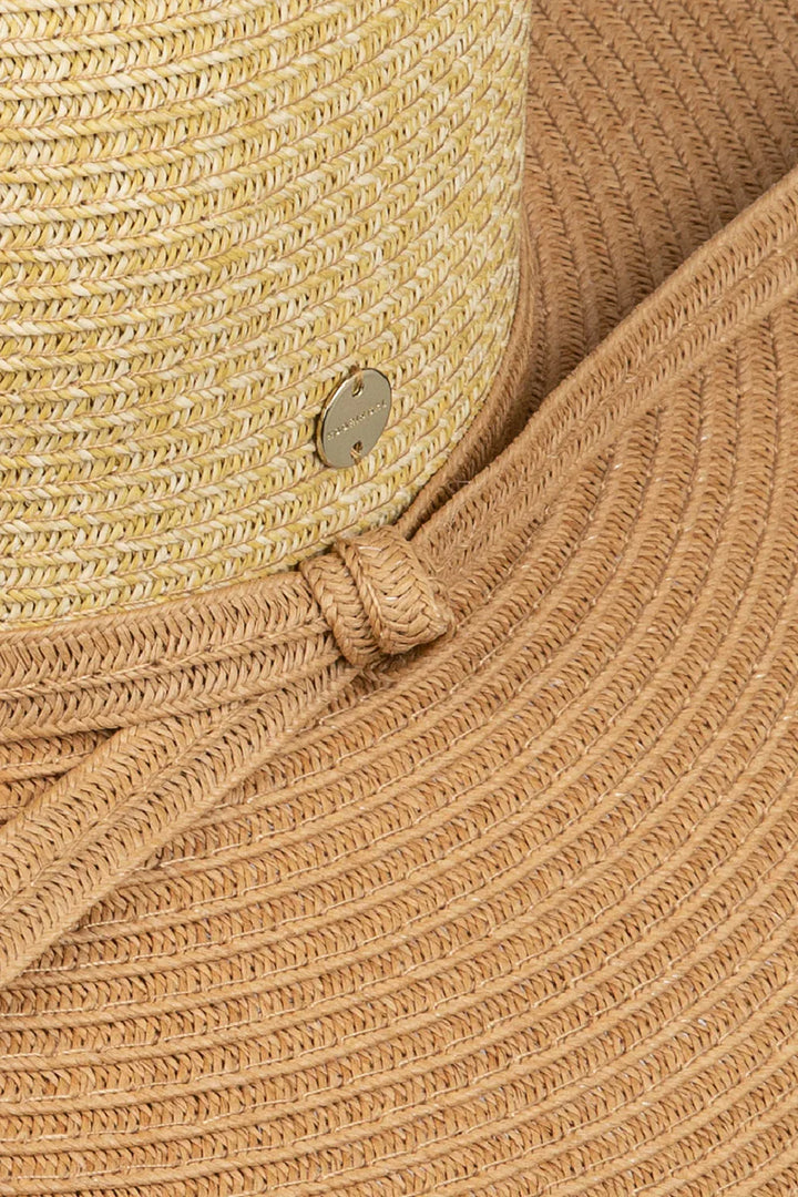 Kooringal Santa Cruz wide brim sun hat with a woven straw design and brown band for sun protection and stylish summer wear.