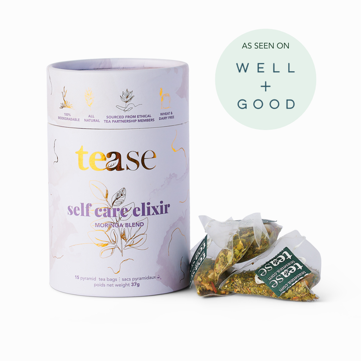 Self Care Herbal Tea packaging with 'tease' branding and tea bags on a white background