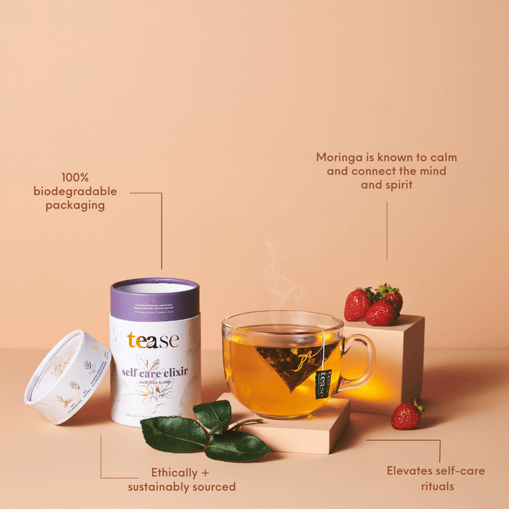 Self Care Herbal Tea packaging with a cup of tea, strawberries, and text about benefits on a beige background