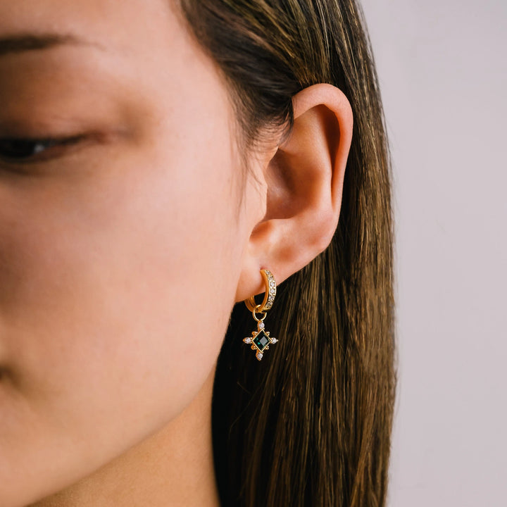 Close-up of a person wearing a gold earring with a gemstone on a neutral background