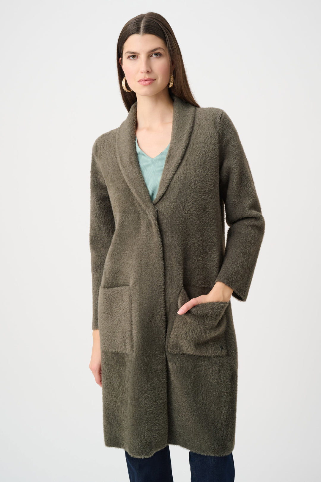 Feather Yarn Knit Coat With Detachable Faux Fur Collar